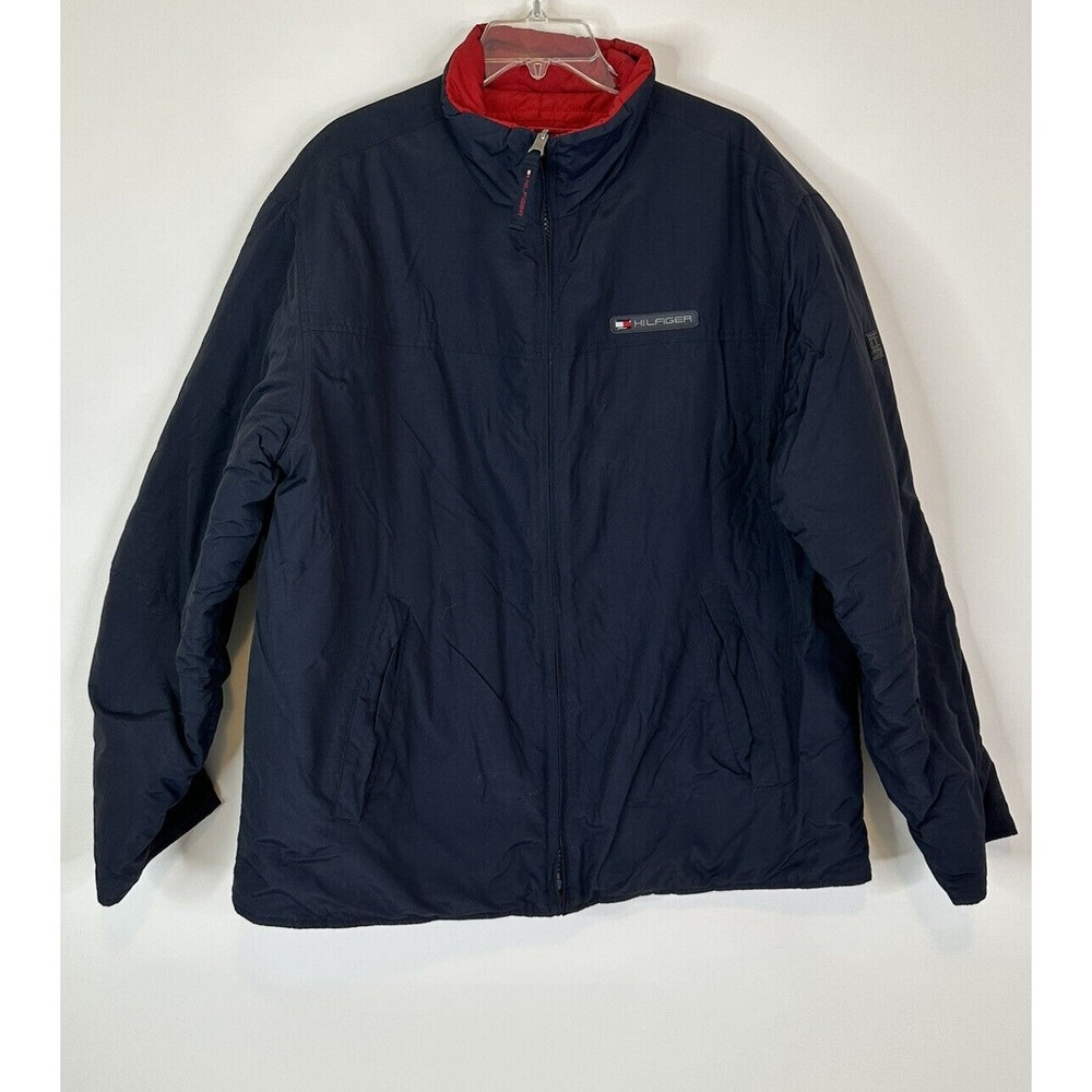 Tommy Hilfiger Puffer Jacket Men's Large Reversible Full Zip Coat Y2K Red Blue